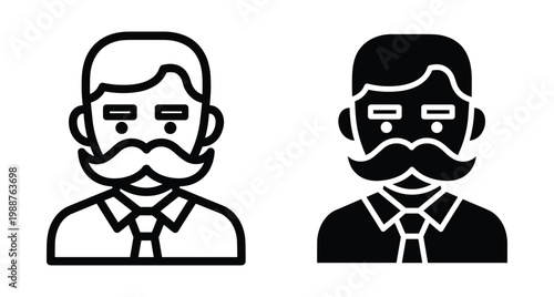 Man with mustache wearing shirt and tie icon set in outline and solid glyph style for business avatar profile design