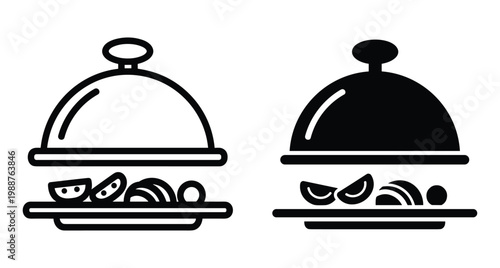 Restaurant food platter icon set with cloche dome cover and sliced vegetables on plate for catering service menu design