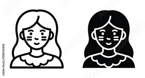 Female character avatar icon set featuring long hair face paint and ruffled collar in outline and solid black glyph styles