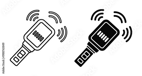 Handheld metal detector wand icon set for security screening airport safety inspection electronic scanner device with signal waves black outline