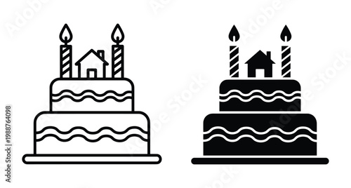Housewarming cake icon set with two tiers candles and a small house on top for real estate celebration and mortgage completion