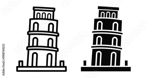 Leaning Tower of Pisa icon set featuring minimalist line art and solid black silhouette designs for travel tourism and architectural projects