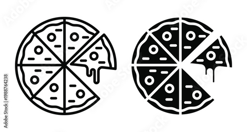 Pizza icon set featuring outline and solid styles with a slice removed and melting cheese for food delivery apps