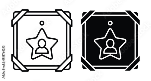 Star user profile icon set featuring person silhouette inside star shape within square frame with corner mounts for web design
