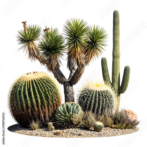 Diverse desert plants including cacti, joshua tree, and succulents