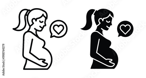 Pregnant woman icon set showing expectant mother holding belly with heart symbol representing love maternity healthcare and prenatal care