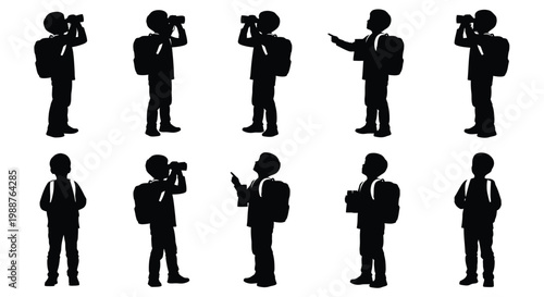Silhouette collection of boys using cameras and pointing isolated on white