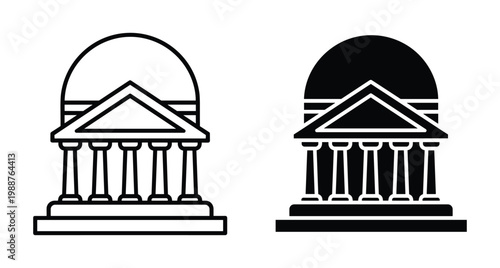 Classical building icon set featuring dome and columns representing bank museum courthouse or government architecture in outline and solid styles