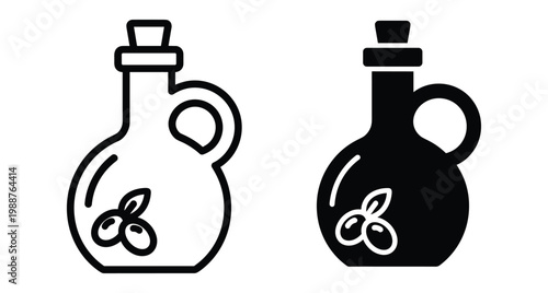 Olive oil bottle icon set with handle and cork stopper featuring olive branch illustration in outline and solid glyph styles