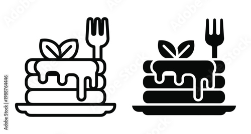 Pancake stack icon set with syrup dripping on plate with fork and mint leaves for breakfast menu design elements