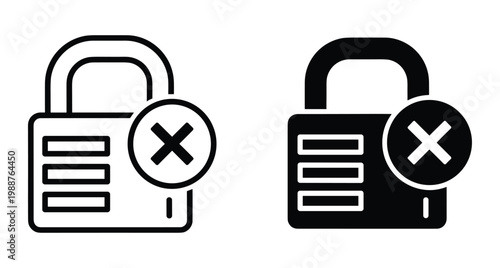 Padlock icon set with cross mark symbol representing access denied security error locked account blocked user protection failure system login