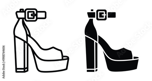 High heel platform sandal icon set with ankle strap and buckle detail in outline and solid black silhouette style graphic