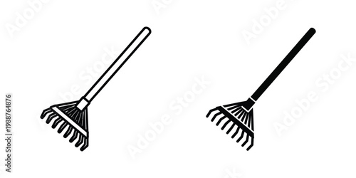 Two types of garden rakes displayed side by side in black and white illustration
