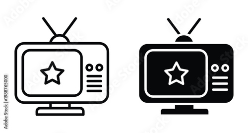 Retro television icon set with star on screen featuring outline and solid glyph styles for media entertainment and broadcasting apps