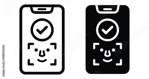Smartphone face recognition biometric authentication security icon set with facial scanning verification checkmark for mobile app interface and digital safety