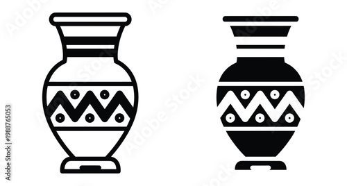 Ancient Greek vase icon set with geometric zigzag patterns and stripes in outline and solid black silhouette vector illustration style