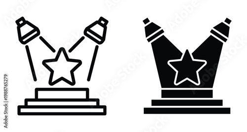Spotlight on star icon set with podium stage and theater lights for award ceremony fame success performance and talent show