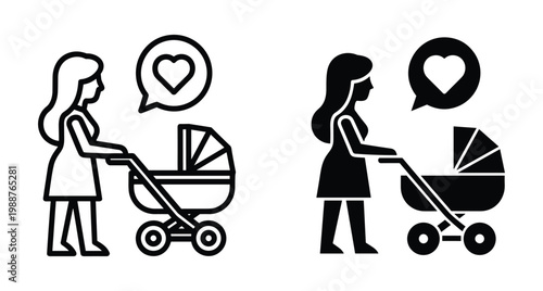 Mother pushing baby stroller with heart speech bubble icon set in outline and solid black style for parenting family care love newborn child walk