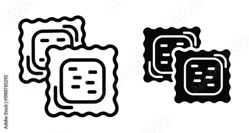 Ravioli pasta icon set featuring outline and solid black square dumplings with scalloped edges for Italian cuisine menu design elements