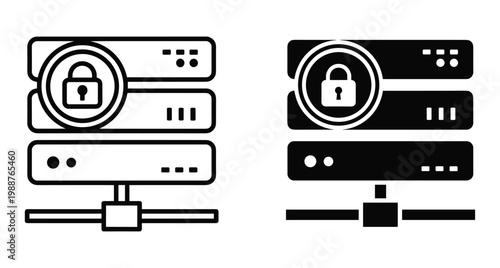 Secure server rack icon set with padlock symbol for data protection hosting database storage network safety information technology infrastructure