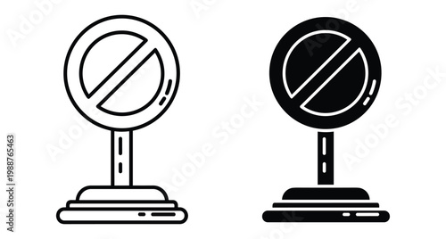 Prohibited road sign icon set with outline and solid versions on a stand for traffic control warning and safety regulations