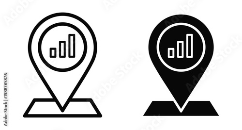 Map pin location icon with bar chart graph for business data analytics tracking regional performance statistics and geographic marketing insights