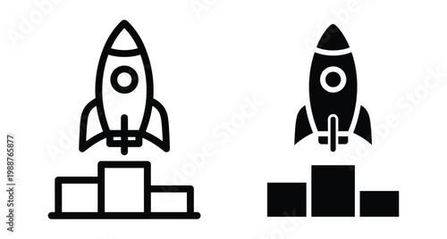 Rocket ship launching from podium bar chart representing business growth startup success achievement progress development financial increase and corporate goal attainment