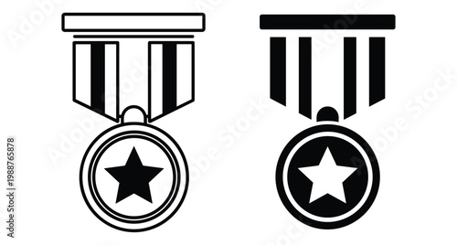 Military medal icon set with star symbol and ribbon for achievement award honor victory success competition sports trophy prize decoration