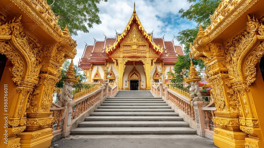 Fototapeta premium Ornate Golden Temple Entrance with Intricate Carvings and Guardian Statues