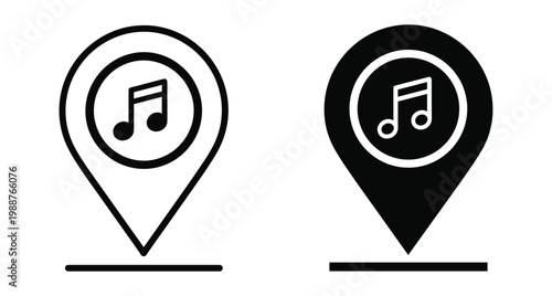 Music location pin icon set featuring musical note symbol for concert venues festivals clubs radio stations and audio events navigation