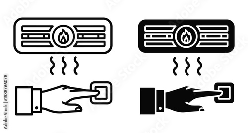 Hand pressing button on electric heater radiator with flame icon for temperature control and home climate management system vector illustration