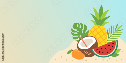 Tropical fruit assortment with pineapple coconut watermelon and mango on sandy beach. Summer vacation background with exotic food and palm leaf. Holiday leisure and relaxation concept.