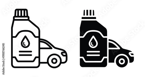 Car motor oil bottle icon set with vehicle silhouette representing automotive maintenance engine lubrication service fluid change and mechanical repair