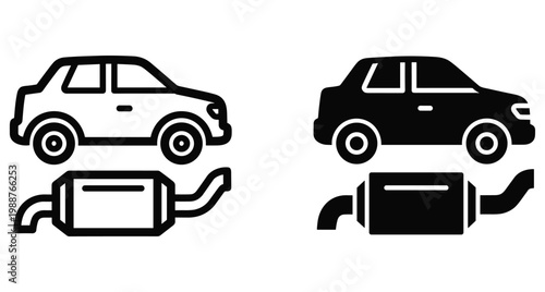 Car and catalytic converter exhaust system icons in outline and solid styles for automotive repair and maintenance service concepts
