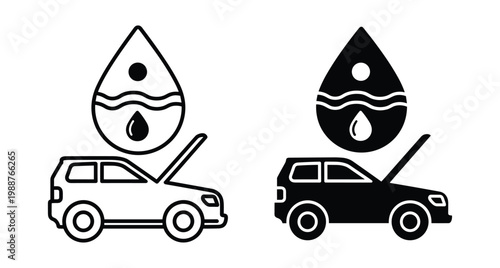 Car engine oil change service icon set with open hood and fluid drop for automotive maintenance and repair workshop needs