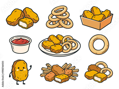 Chicken nuggets and onion rings set: 9 hand-drawn cartoon fast food snack illustrations, isolated.