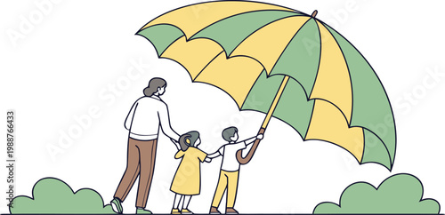 A mother holding hands with her two children under a large umbrella
