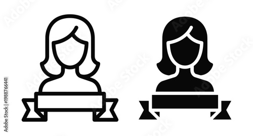 Woman avatar icon set with ribbon banner for name tag or title display in outline and solid black glyph style