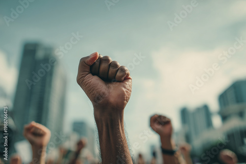 Raised fist of a black man during a protest in the city, concept of social justice, human rights and solidarity