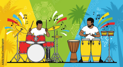 Two Men Playing Drums Together Outdoors.