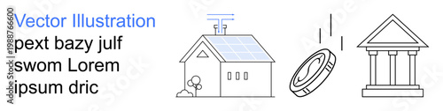 Sustainability, fintech, decentralized systems, renewable energy, digital payments, smart technology. House with solar panels, coin and classical bank icon. Renewable energy and fintech concept