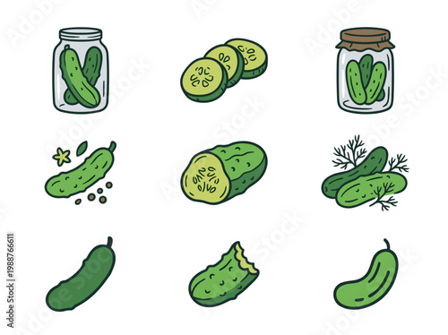 Pickled cucumber gherkin icon set: 9 hand-drawn food preservation doodles for packaging design