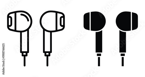Wired in ear headphones icon set featuring outline and solid black earbud designs for music audio sound and mobile technology