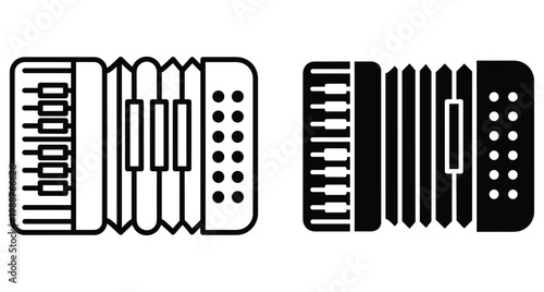 Accordion musical instrument icon set featuring outline and solid black silhouette styles for folk music performance and traditional entertainment design
