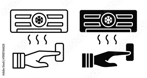 Air conditioner icon set showing cooling system with snowflake symbol and hand pressing remote control button for temperature adjustment