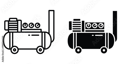 Industrial air compressor machine icon set with pneumatic tank motor and wheels for construction workshop garage and professional power tools