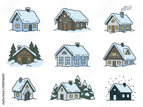 Magical Winter Houses: 9 Hand Drawn Snowy Village Illustrations, Cozy Christmas Cottages and Cabins