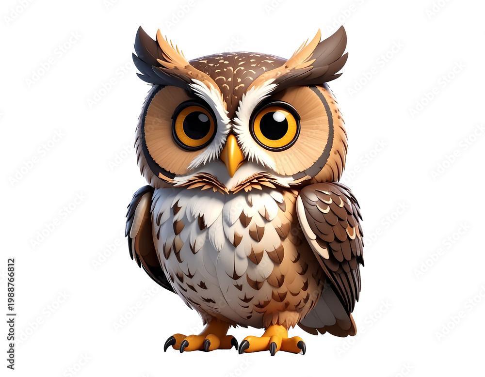 Fototapeta premium Cartoon owl character with large yellow eyes and brown feathered plumage standing upright