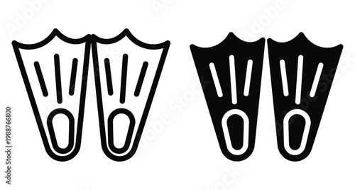 Diving fins and swimming flippers icons in outline and solid silhouette styles for summer vacation and water sports equipment set