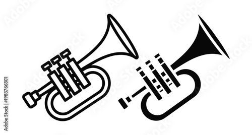 Trumpet musical instrument icon set featuring outline and solid silhouette designs for jazz band orchestra performance and creative music projects